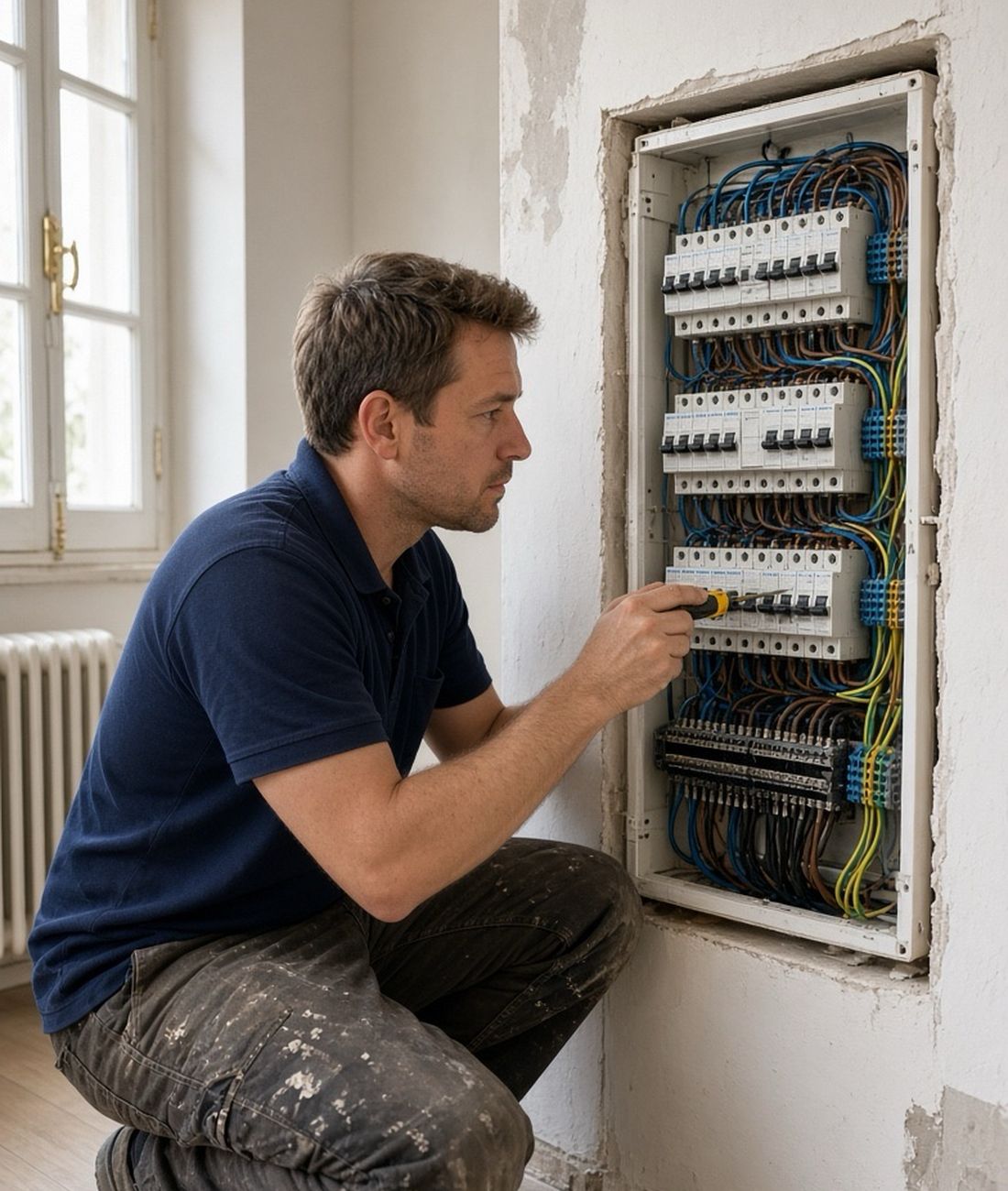 Électricien au travail sur un tableau électrique