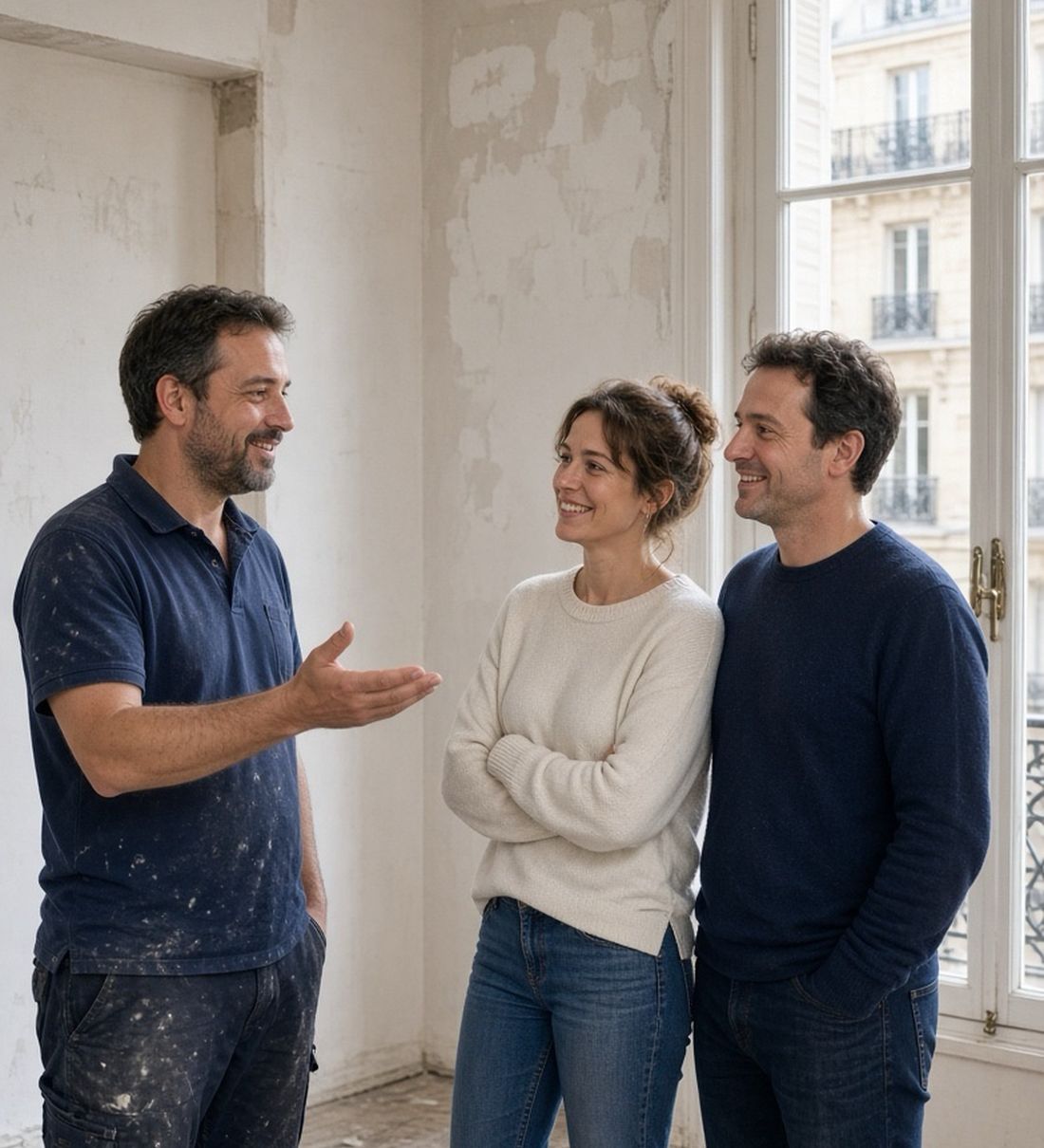 Artisan échangeant avec un couple dans un appartement en travaux